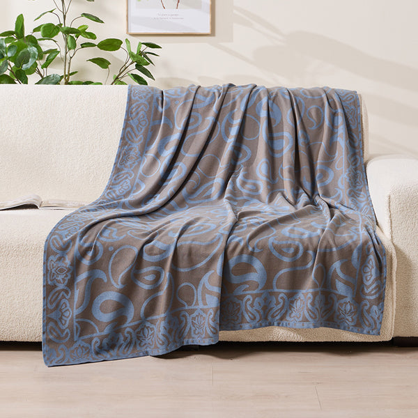 Swirl Scroll Jacquard Patterned Throw Blanket Rug 185 x 135cm Brown Blue