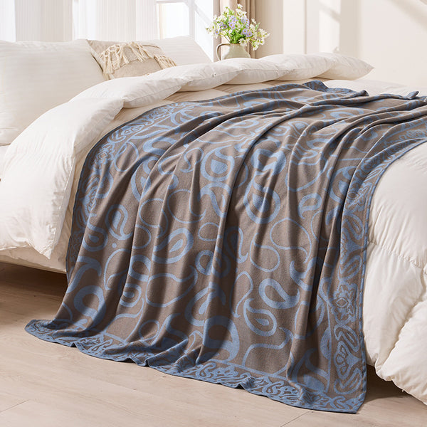 Swirl Scroll Jacquard Patterned Throw Blanket Rug 185 x 135cm Brown Blue