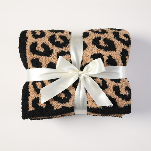 Luxurious Leopard Print Jacquard Knit Throw Blanket Rug 130 x 150cm Brown Black