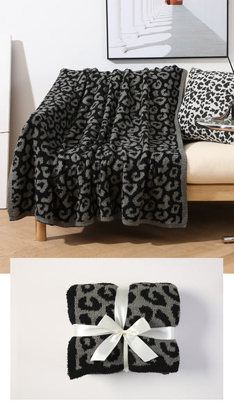 Luxurious Leopard Print Jacquard Knit Throw Blanket Rug 130 x 150cm Grey Black
