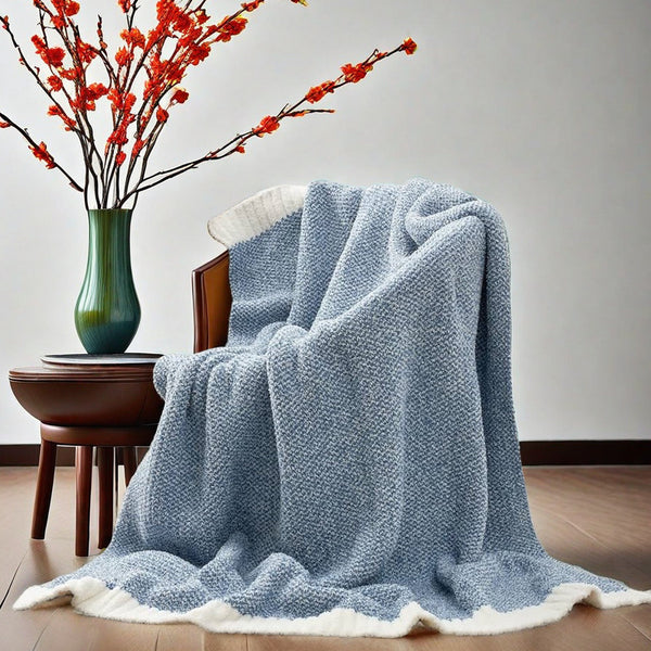Textured Two Tone Chenille Throw Blanket Rug 960g 127 x 153cm Blue White