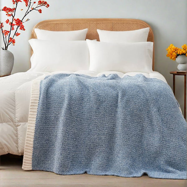 Textured Two Tone Chenille Throw Blanket Rug 960g 127 x 153cm Blue White