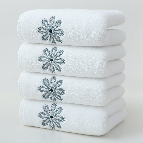 4 x Elegant Green Floral Embroidered Cotton Hand Towels White