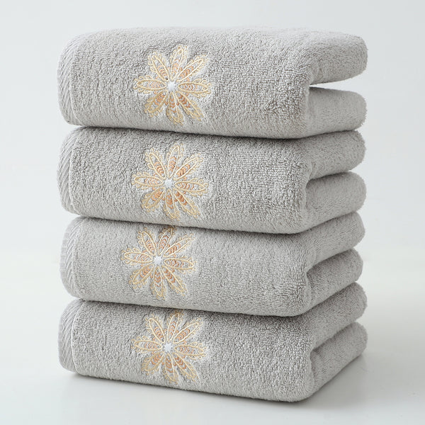 4 x Elegant Gold Floral Embroidered Cotton Hand Towels Grey