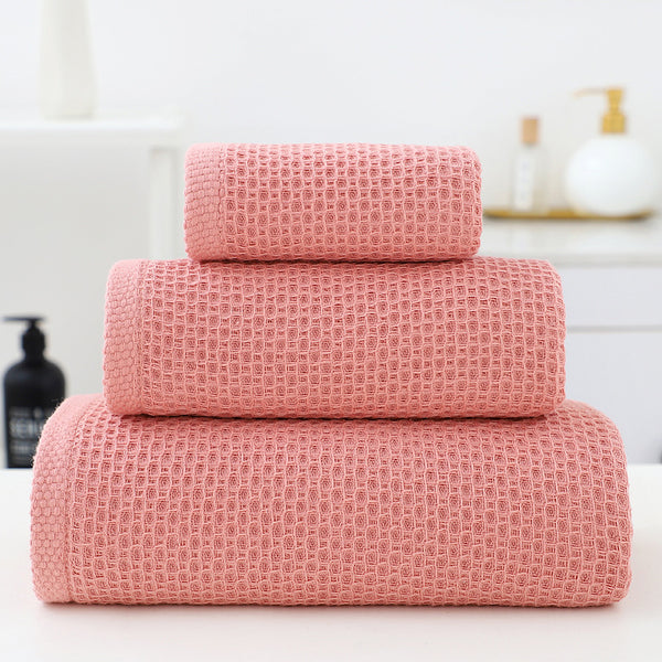 3 Piece Waffle Weave Cotton Bath Hand Towel Facecloth Washcloth Set Pink