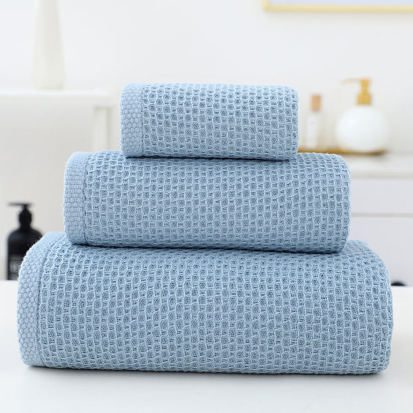 3 Piece Waffle Weave Cotton Bath Hand Towel Facecloth Washcloth Set Blue