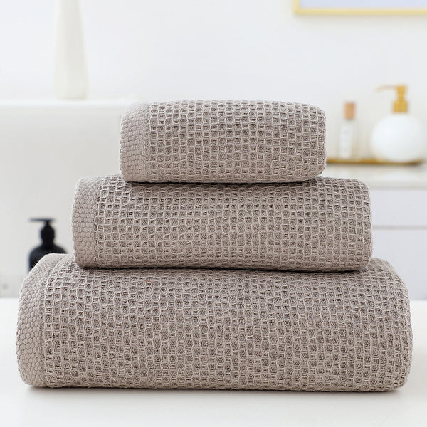 3 Piece Waffle Weave Cotton Bath Hand Towel Facecloth Washcloth Set Brown