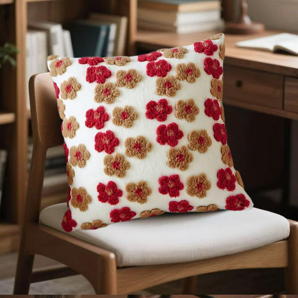 4 x 3D Flower Floral Plush Cushion Cover Square 45 x 45cm Red Brown