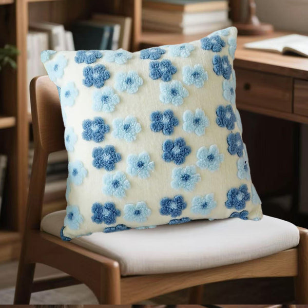4 x 3D Flower Floral Plush Cushion Cover Square 45 x 45cm Blue