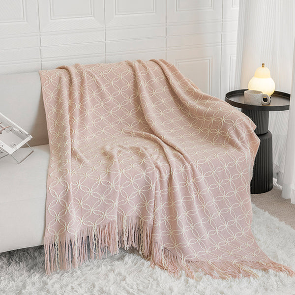 Geometric Circles Acrylic Knitted Throw Blanket Rug Fringe 130 x 180cm Pink