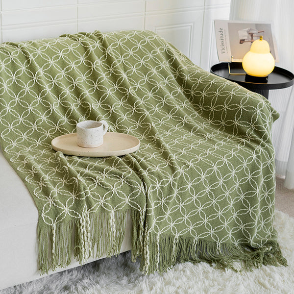 Geometric Circles Acrylic Knitted Throw Blanket Rug Fringe 130 x 180cm Green