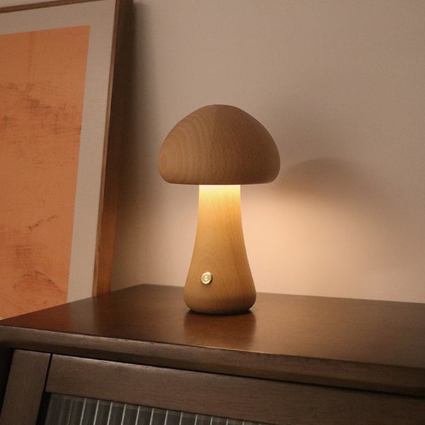 Mushroom Solid Wood LED Table Lamp Light Rechargeable Touch Control USB