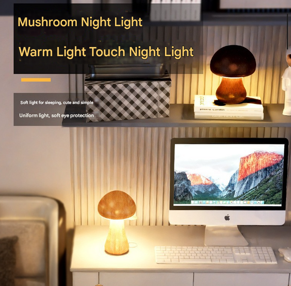 Mushroom Solid Wood LED Table Lamp Light Rechargeable Touch Control USB