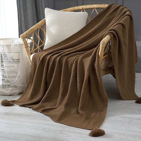 Pineapple Grid Knitted Tassel Blanket Throw Rug 110cm x 150cm Coffee Brown