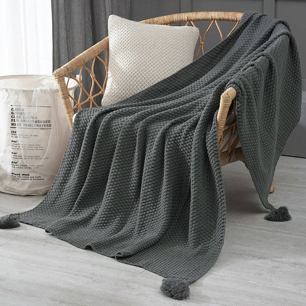 Pineapple Grid Knitted Tassel Blanket Throw Rug 110cm x 150cm Grey