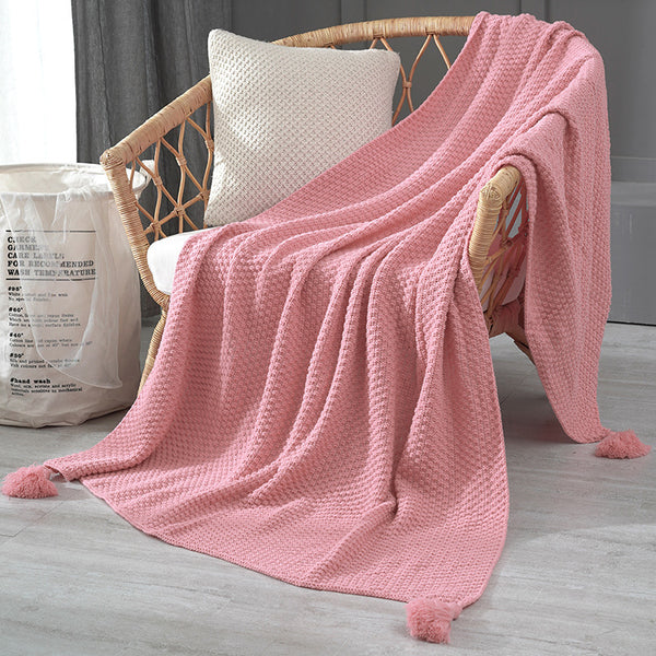 Pineapple Grid Knitted Tassel Blanket Throw Rug 110cm x 150cm Pink