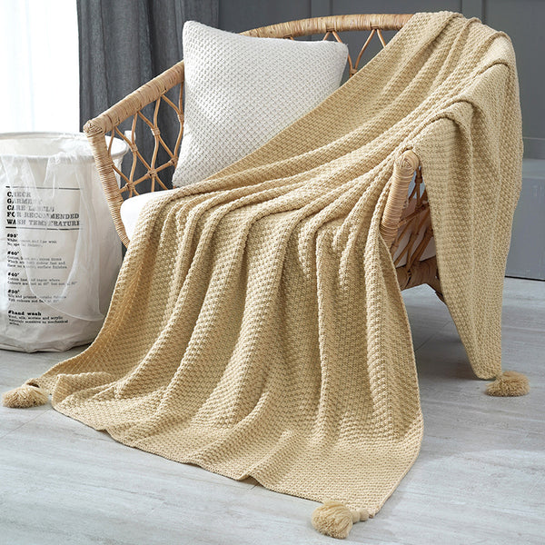 Pineapple Grid Knitted Tassel Blanket Throw Rug 110cm x 150cm Khaki