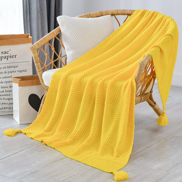 Pineapple Grid Knitted Tassel Blanket Throw Rug 110cm x 150cm Yellow