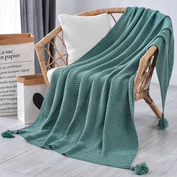 Pineapple Grid Knitted Tassel Blanket Throw Rug 110cm x 150cm Green