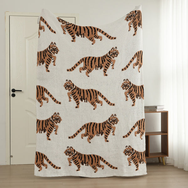 Tiger Pattern Knitted Sofa Blanket Throw Rug Plush Side 950g 130 x 160cm