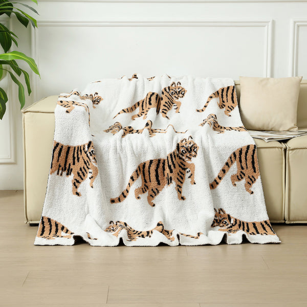 Tiger Pattern Knitted Sofa Blanket Throw Rug Plush Side 950g 130 x 160cm