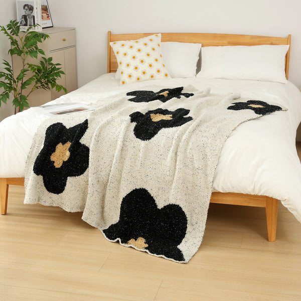 Floral Knitted Sofa Blanket Throw Rug Plush Side 950g 130 x 160cm Black White