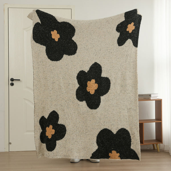 Floral Knitted Sofa Blanket Throw Rug Plush Side 950g 130 x 160cm Black White