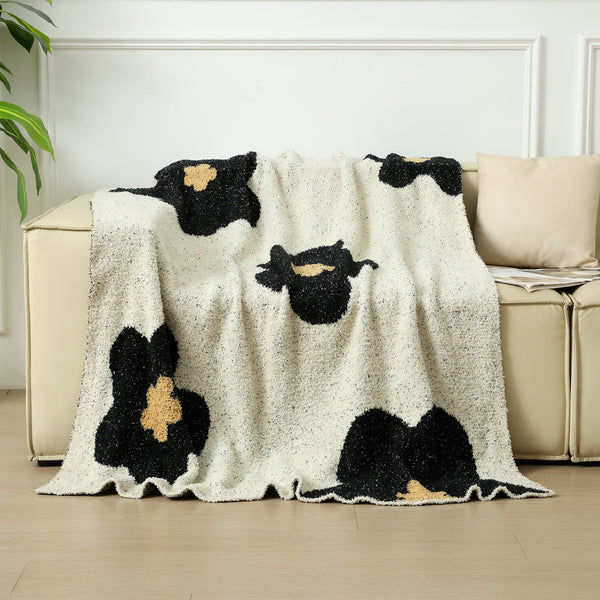 Floral Knitted Sofa Blanket Throw Rug Plush Side 950g 130 x 160cm Black White