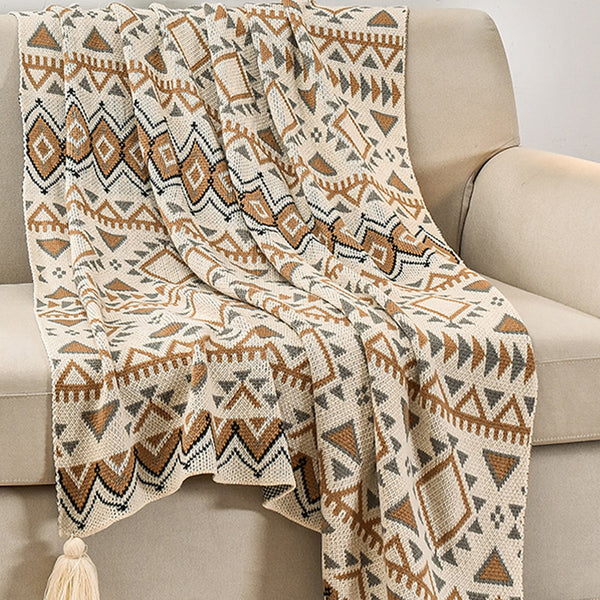 Bohemian Western Knitted Sofa Blanket Throw Rug 900g 130 x 170cm Beige Grey