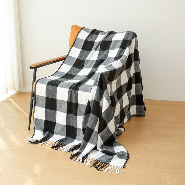 Checkered Faux Cashmere Blanket Throw Rug 650g 130 x 2100cm Black White