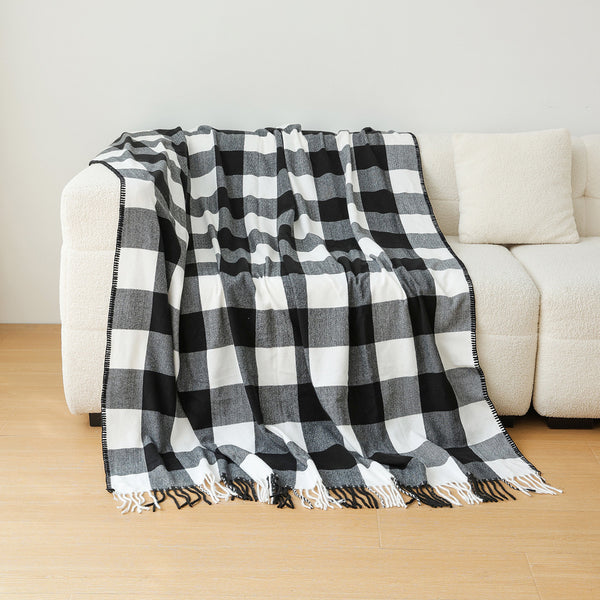 Checkered Faux Cashmere Blanket Throw Rug 650g 130 x 2100cm Black White