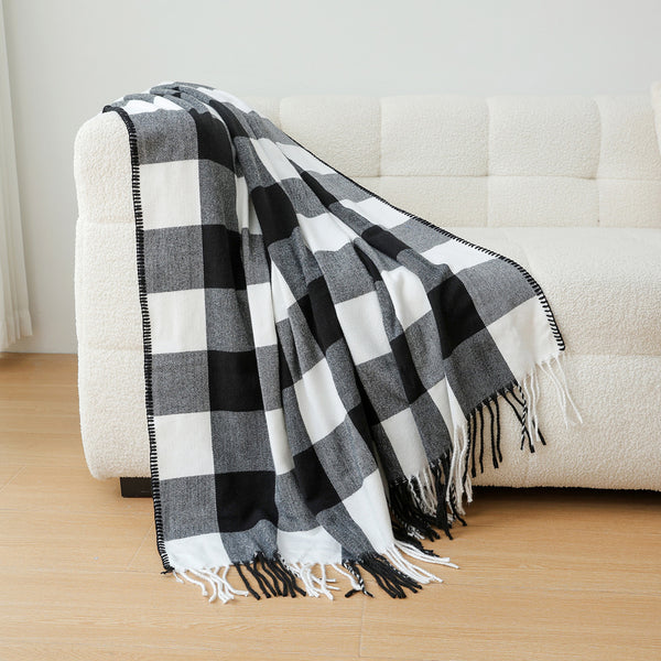 Checkered Faux Cashmere Blanket Throw Rug 650g 130 x 2100cm Black White