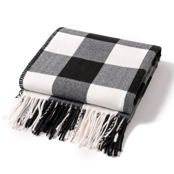 Checkered Faux Cashmere Blanket Throw Rug 650g 130 x 2100cm Black White