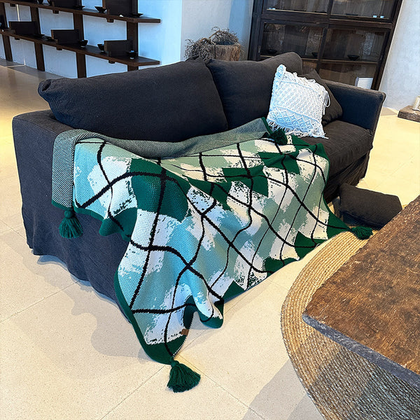 Argyle Diamond Knit Throw Blanket Rug Tassels 135 x 125cm Green