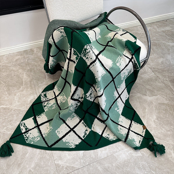 Argyle Diamond Knit Throw Blanket Rug Tassels 135 x 125cm Green