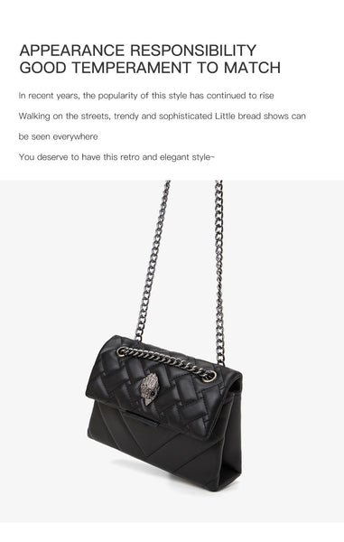 Quilted Faux PU Leather Crossbody Bag Handbag Chain Strap Bird Head Clasp Black