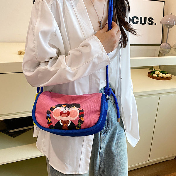 Cartoon Girl Canvas Crossbody Shoulder Bag Adjustable Rope Strap Flower Charm Pink
