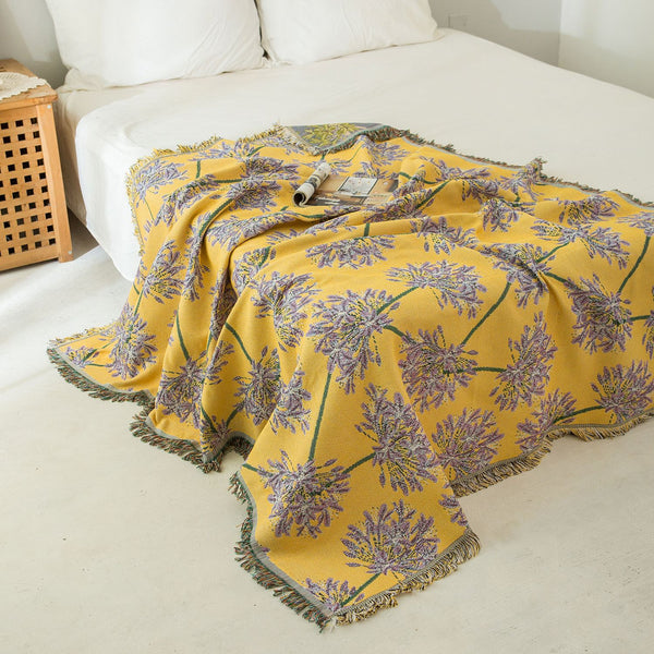 Floral Botanical Print Cotton Blend Throw Blanket Rub 130 x 180cm Yellow Purple