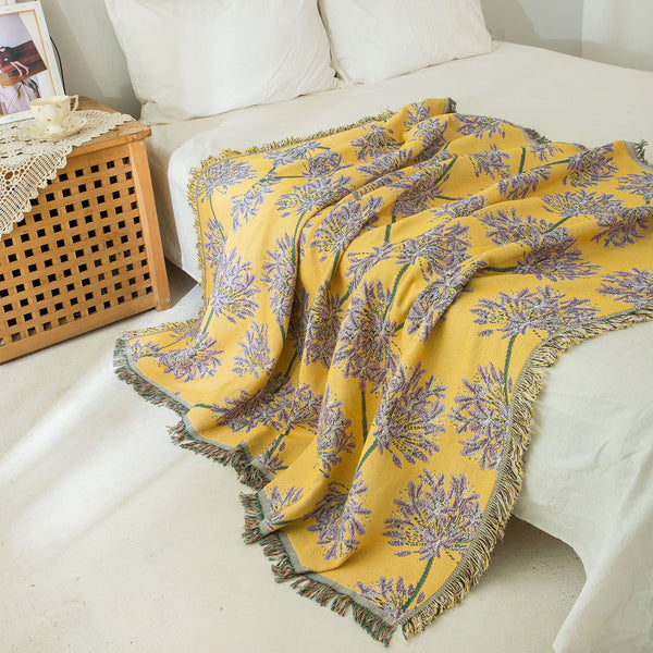 Floral Botanical Print Cotton Blend Throw Blanket Rub 130 x 180cm Yellow Purple