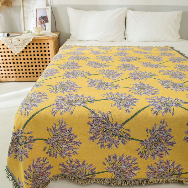 Floral Botanical Print Cotton Blend Throw Blanket Rub 130 x 180cm Yellow Purple