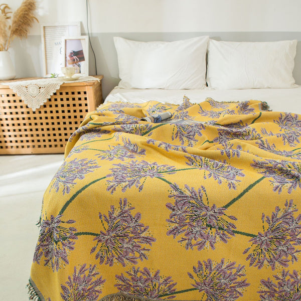 Floral Botanical Print Cotton Blend Throw Blanket Rub 130 x 180cm Yellow Purple