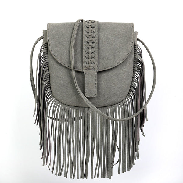 Faux PU Suede Boho Fringe Crossbody Bag Braided Detail Adjustable Strap Grey