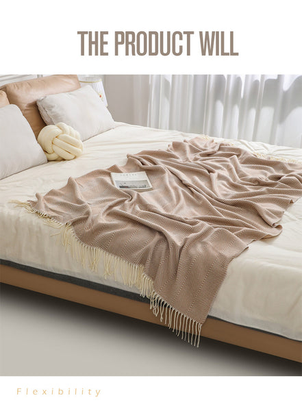 Herringbone Faux Cashmere Blanket Throw Rug 780g 130 x 240cm Khaki