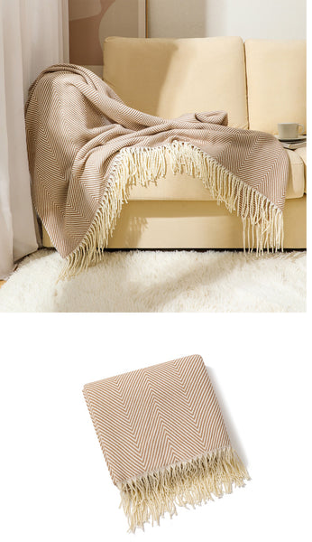 Herringbone Faux Cashmere Blanket Throw Rug 780g 130 x 240cm Khaki