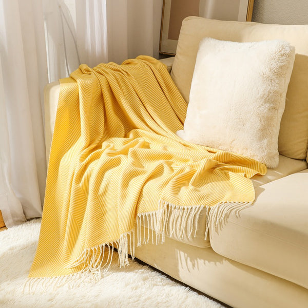 Herringbone Faux Cashmere Blanket Throw Rug 780g 130 x 240cm Yellow