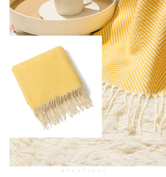 Herringbone Faux Cashmere Blanket Throw Rug 780g 130 x 240cm Yellow