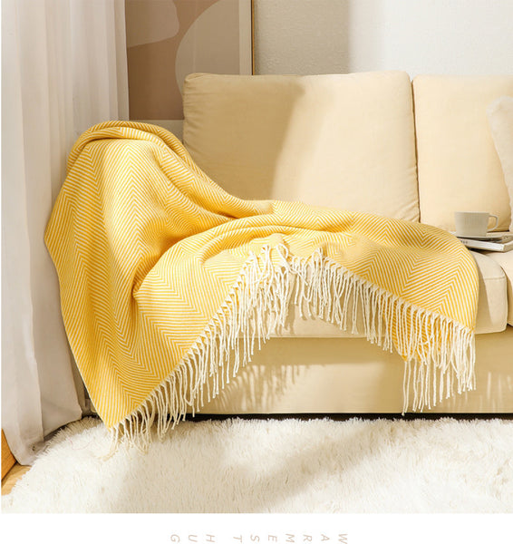 Herringbone Faux Cashmere Blanket Throw Rug 780g 130 x 240cm Yellow