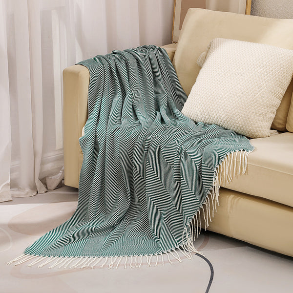 Herringbone Faux Cashmere Blanket Throw Rug 780g 130 x 240cm Green