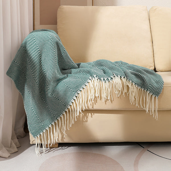 Herringbone Faux Cashmere Blanket Throw Rug 780g 130 x 240cm Green