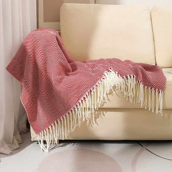 Herringbone Faux Cashmere Blanket Throw Rug 780g 130 x 240cm Red